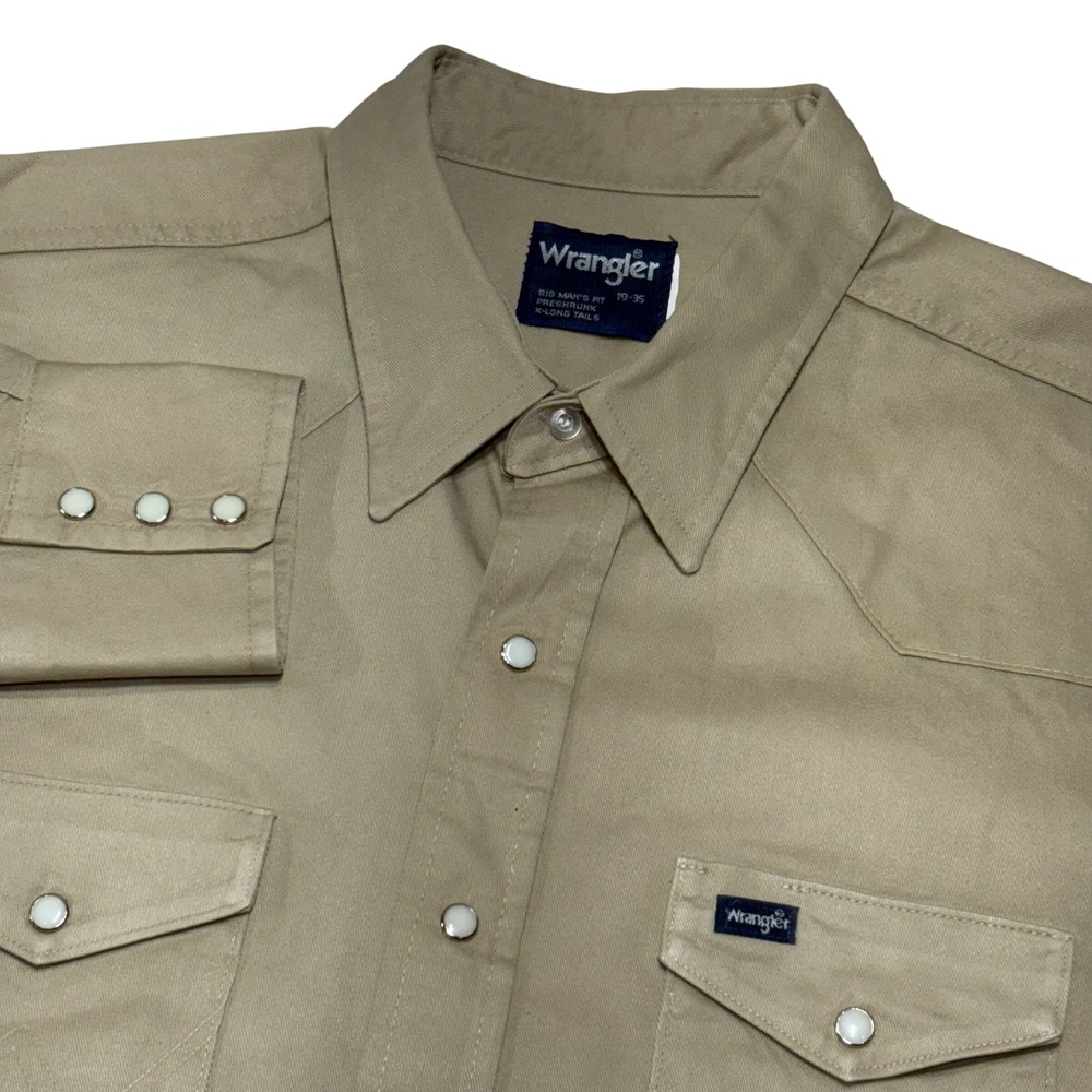 Wrangler Western Snap Shirt Mens 19-35 Tan Big Man Fit Long Tail Workwear USA